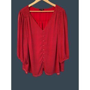 Papermoon Orange Red Polka Dot Button Down Blouse 3X Polyester Lined Ruching